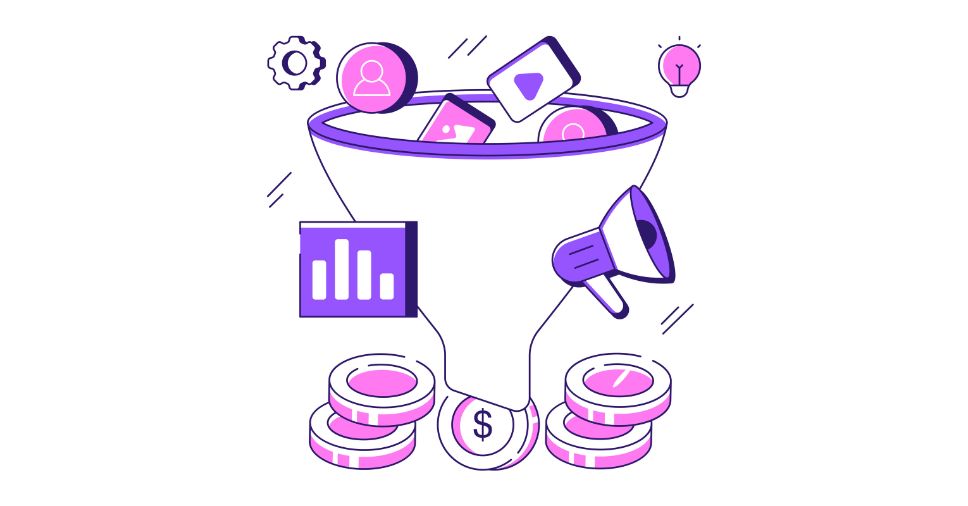 Ilustração vetorial de um funil digital gerando dinheiro, representando os insights importantes no funil de vendas